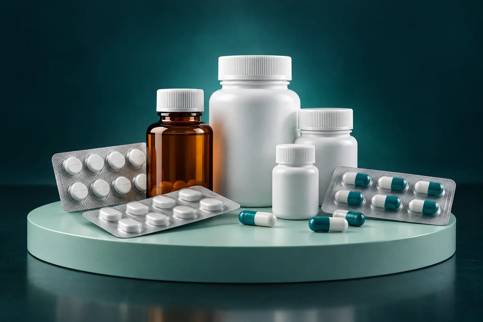 Medicine bottles, tablet blister packs and capsules on a mint display podium